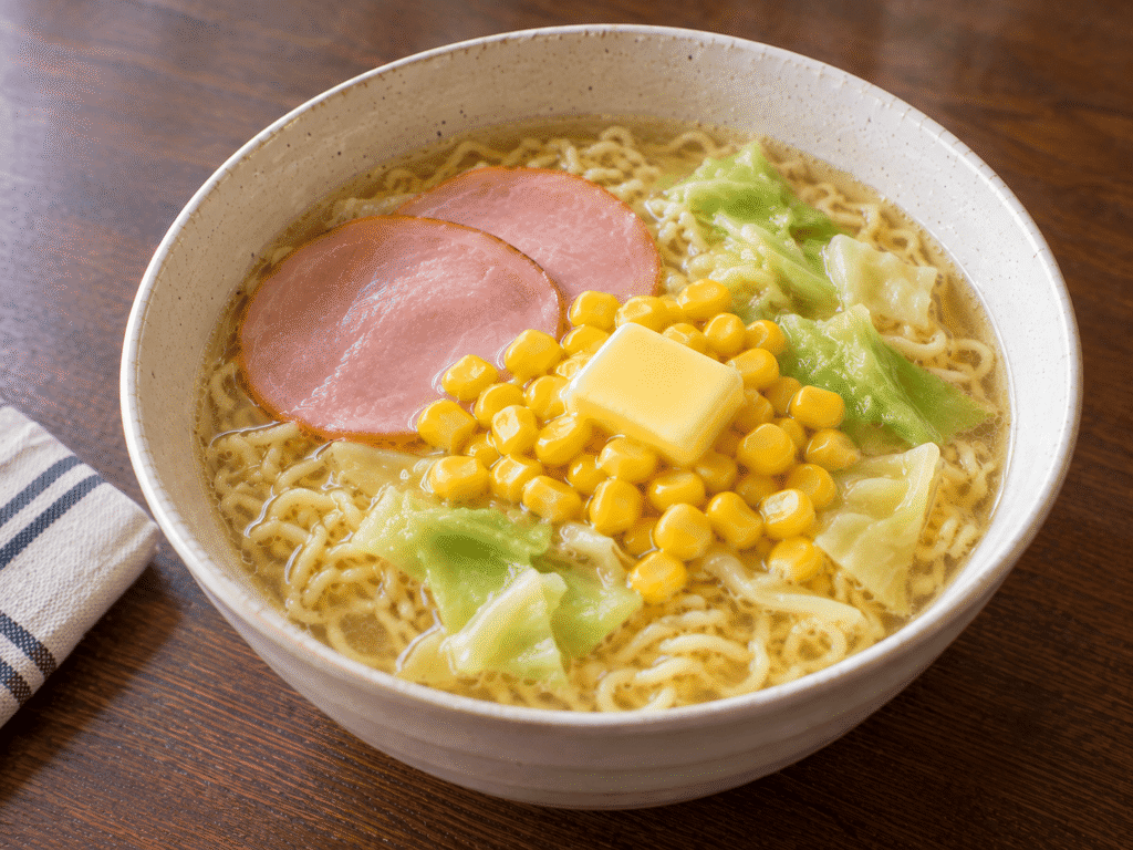 コーンとバター、ハム、キャベツをのせた塩ラーメン