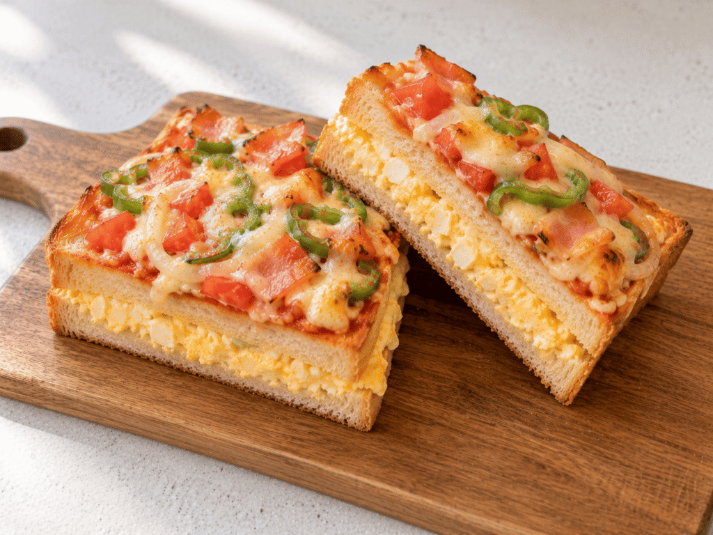 卵フィリングを挟み、ベーコンや野菜、チーズをのせて焼いたピザトースト