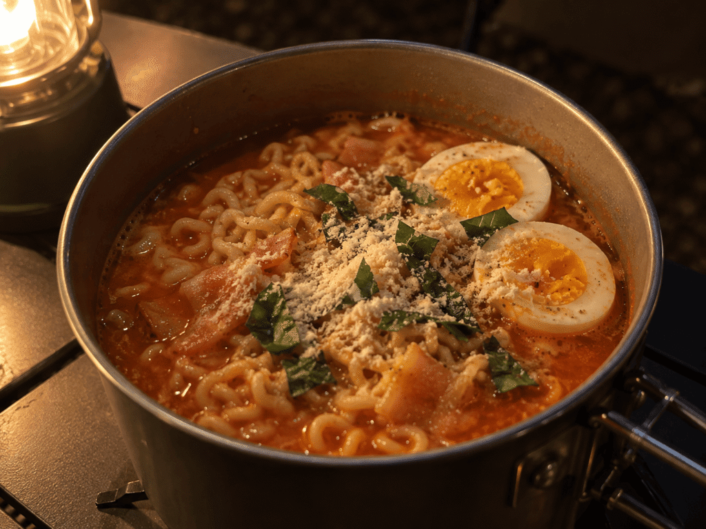野菜ジュースを使ったスープに、ゆで卵やベーコン、バジル、粉チーズをトッピングしたラーメン