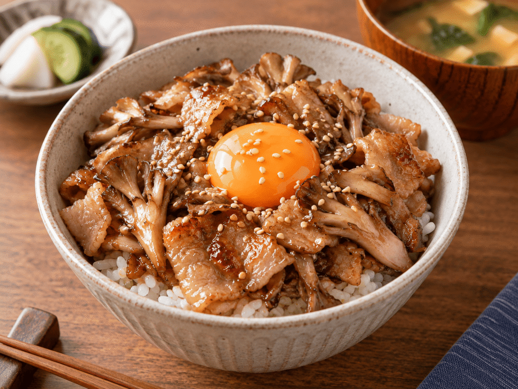 甘辛く炒めた豚バラ肉と舞茸に卵黄をのせた丼