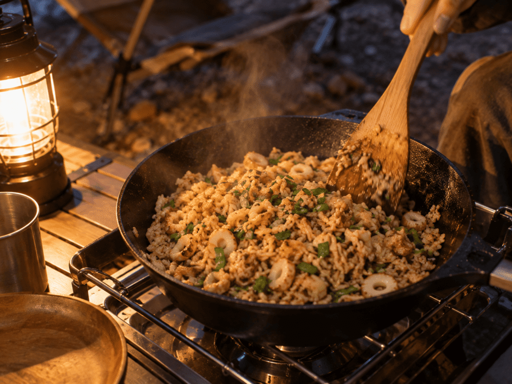 キャンプ場のフライパンで、焼きそば麺とご飯、ちくわ、ニラを炒めたそばめし