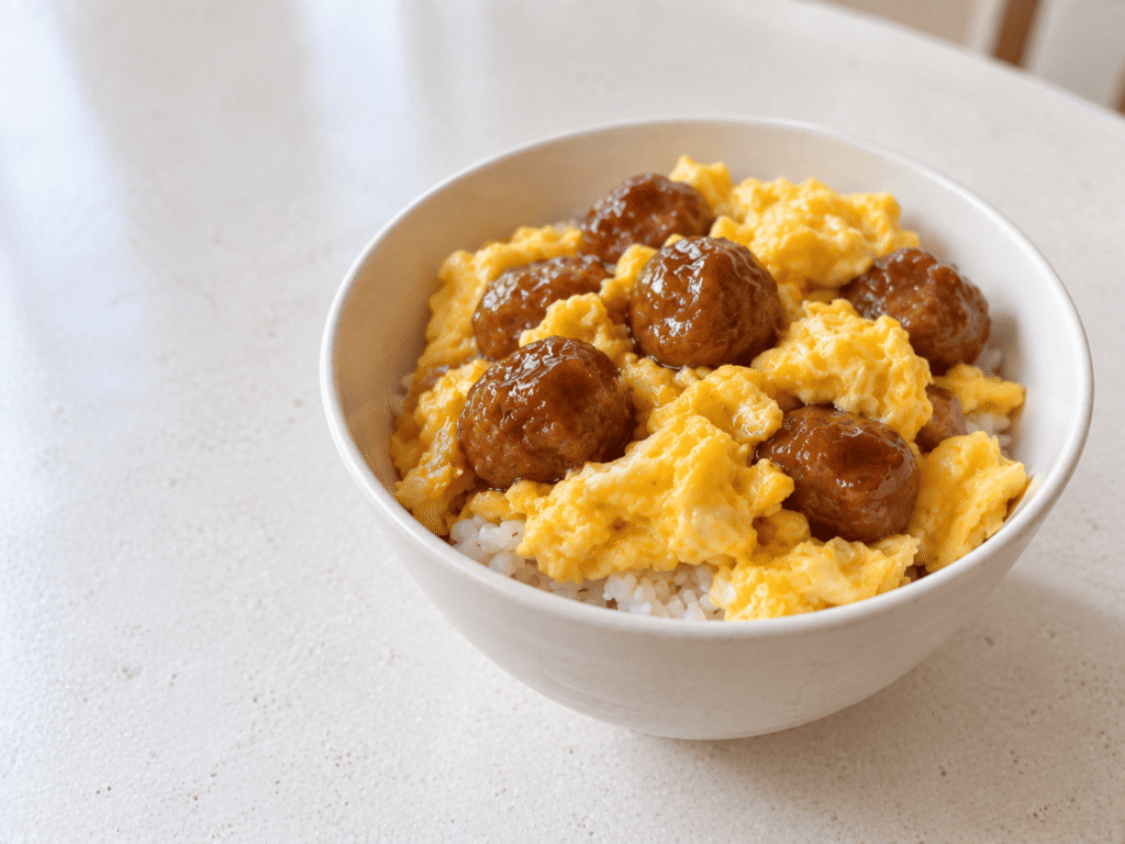 照り焼きミートボールとふんわり卵をご飯にのせた丼