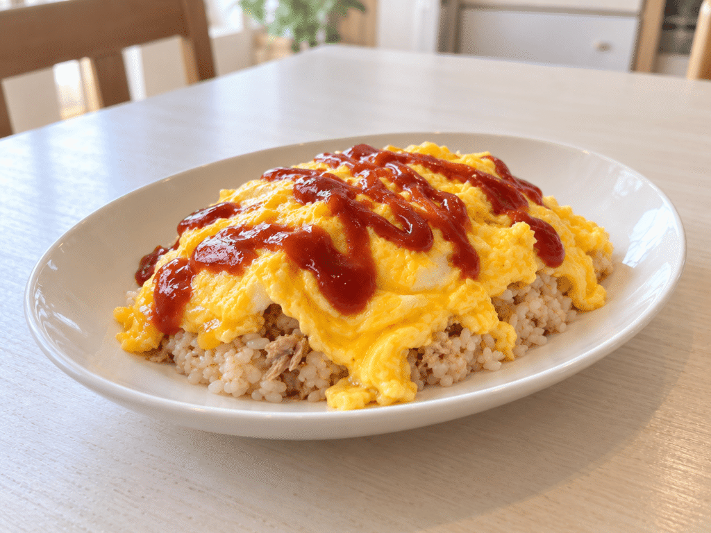 ツナ入りの混ぜご飯に半熟卵をのせ、ケチャップをかけたオムライス
