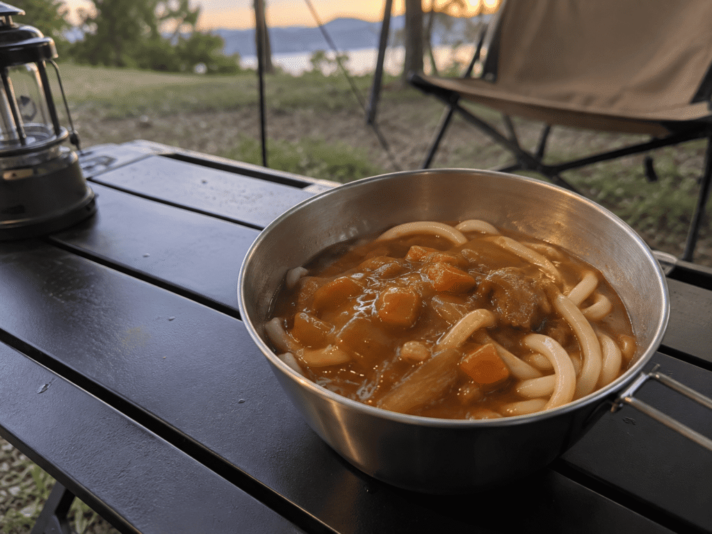 キャンプ用の鍋に盛り付けた、レトルトカレーを使った具だくさんのカレーうどん