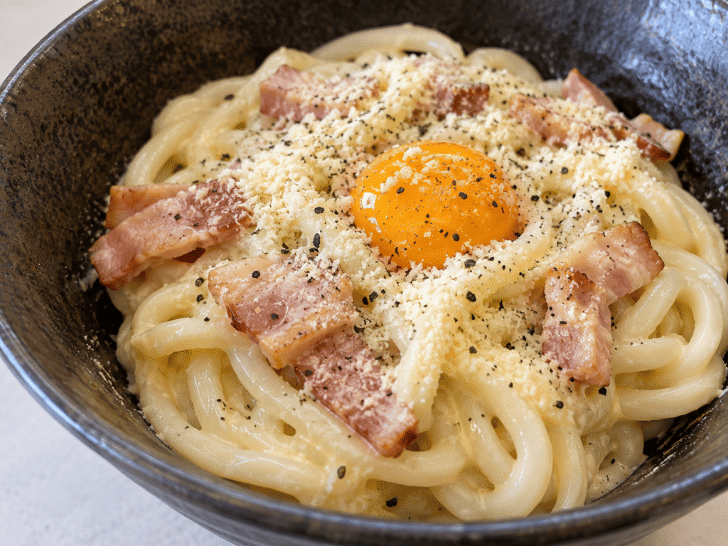 ベーコンと卵黄、粉チーズをのせたカルボナーラ風釜玉うどん